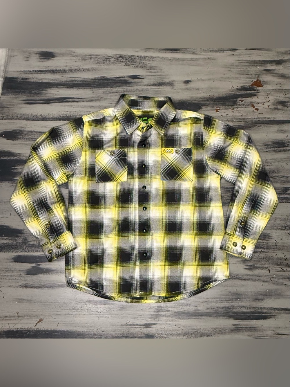 Dixxon Youth Division Kids “Moon Eyes” 👀 Yellow and Black Plaid Flannel Shirt 😎